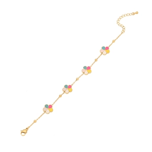 Fashionable gold flower bracelet with five colorful enamel charms and adjustable chain