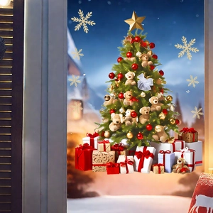 Detaillierter Weihnachtsbaum Fensteraufkleber mit Geschenken und Schneeflocken
