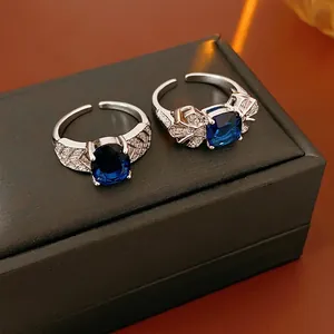 Adjustable Open Ring Copper Cubic Zirconia Blue Gemstone Geometric Leaf Luxury Fashion Jewelry For Women