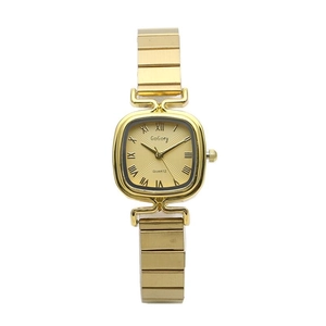 Square gold women's watch with elastic bamboo strap and Roman numeral dial