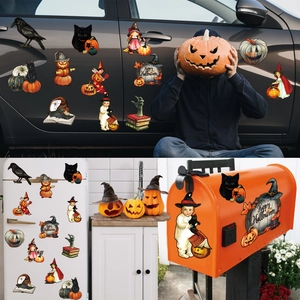 Retro Halloween gnome and skull magnetic decals applied to a car door and mailbox