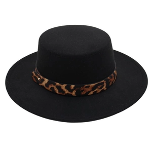 Detail of black wool felt boater hat with leopard print band and metal rivets