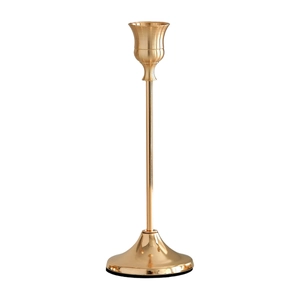 Elegant gold metal taper candle holder with slim stem and stable round base for weddings