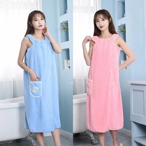 Wearable coral fleece bath towel dress in blue and pink with cute daisy pattern pockets