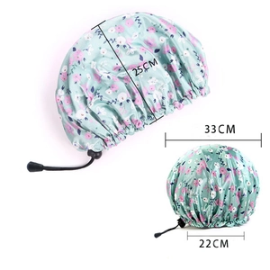 Adjustable floral satin shower cap with waterproof PEVA lining, size 33cm in light blue