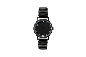 Detail of minimalist black quartz watch with stretch band and white numerals