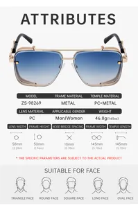 Detailed size specifications for square frame metal sunglasses with gradient blue lenses