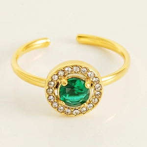 Adjustable 18K gold-plated double-layer ring featuring a green gemstone and white zircon