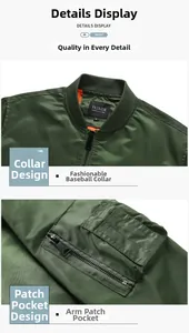 Close-up of the ribbed baseball collar and tactical zipper sleeve pocket on bomber jacket