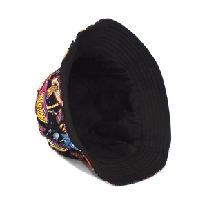 Detailed top view showing colorful mushroom pattern on black bucket hat fabric
