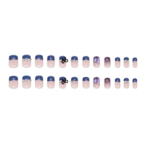 Glacier blue and purple ombre press-on nails with 3D butterfly bows and pearl accents