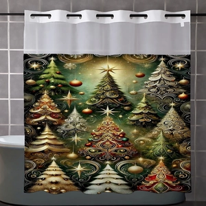 Detail of waffle weave Christmas shower curtain with ornate tree pattern and metal eyelets