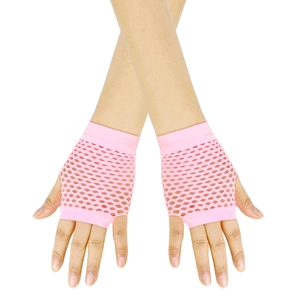 Detailed view of pink fishnet fingerless gloves with high-stretch hollow-out mesh texture