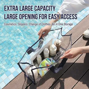 Large waterproof transparent PVC tote bag with blue trim by a swimming pool