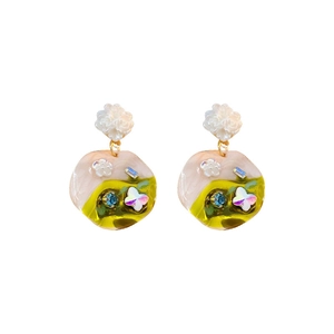 Floral butterfly earrings with pink and green marble drop and blue crystal accents