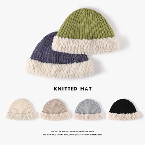 Women Knitted Bucket Hat Winter Warm Thick Faux Rabbit Fur Trim Outdoor Fashion Plush Fisherman Cap