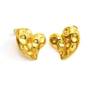 Vintage golden heart-shaped stainless steel earrings with textured hammer finish