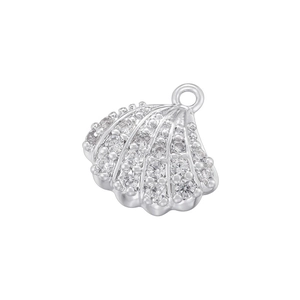 Detailed close-up of a silver shell charm pendant with sparkling micro-pave crystals