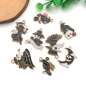 Detailed set of 9 Gothic enamel charms featuring plague doctor and crow motifs
