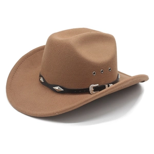 Detail of tan wool fedora featuring metal eyelets and a leather band with silver studs