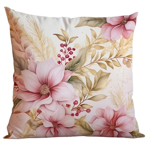 Pink and gold watercolor Christmas pillow cover with floral patterns and red berries