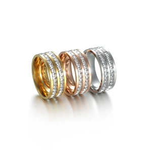 Three rows of square zircon stones set in rose gold, silver and gold plated steel rings