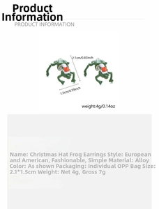 Detail view of frog earrings with Christmas hat showing size 2.1x1.5cm and 4g weight