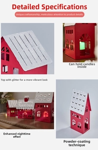 Macro details of red iron Christmas house candle holder with glitter snow and LED tea light