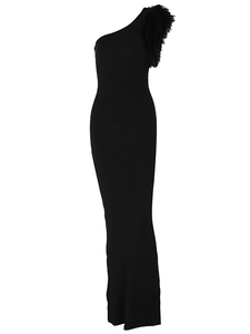 Elegant black one-shoulder evening gown with feather trim and slimming floor-length silhouette