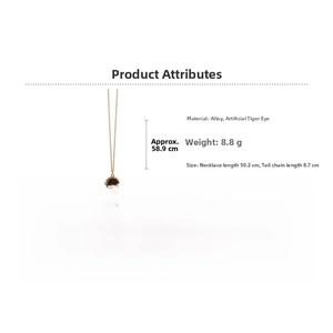 Detailed view of faux tiger eye stone necklace with dimensions and chain measurements