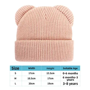Size chart for baby bear ear knit hats covering ages 0 to 8 years in pink