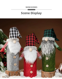 Three gnome wine bottle covers with plaid hats and long faux fur beards on a snowy base