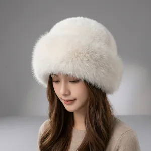 Winter warm thick white faux fur bucket hat for women in minimalist solid color design