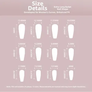 Guide des tailles pour faux ongles ballerine extra-longs comprenant 12 dimensions précises