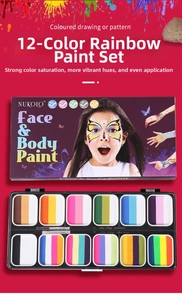 Detail of 12-color water-soluble face and body paint palette with two applicators