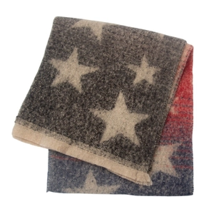 Detailed view of gray and red gradient star pattern scarf with soft fringe edges