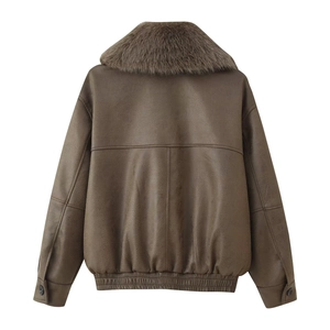 Detail view of the brown leather jacket back showing detachable faux fur collar and texture