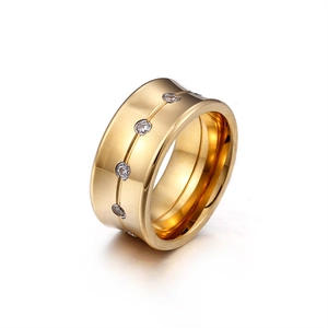 Classic 10mm gold plated titanium steel ring with sparkling round cubic zirconia stones