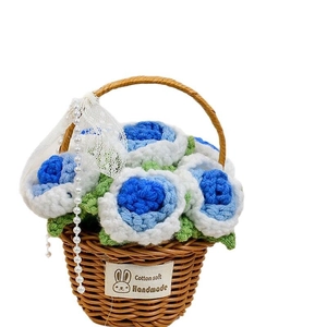 Handmade crochet flower basket with blue and white roses and pearl handle decoration