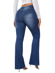 Close-up of high-waist slim fit denim flare jeans showing back pockets and contour