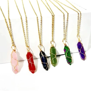 Sechseckige Säule Kristall Anhänger Halskette Naturstein Handgefertigt Draht Umwickelt Heilpunkt Boho Schmuck Damen