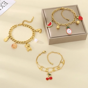 Stainless Steel Fruit Charm Bracelet With Enamel Watermelon Cherry Apple Pendants Sweet Cute Fresh Summer Style For Women Adjustable