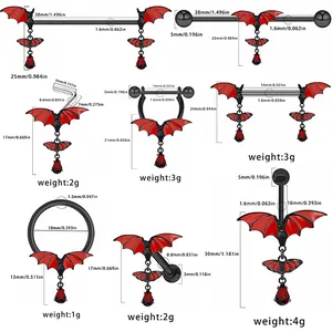 Detailed sizing chart for red bat body jewelry showing bars, rings and piercing dimensions