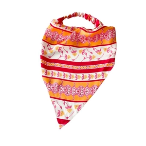 Elastic floral satin headscarf with pink and orange patterns on a white background