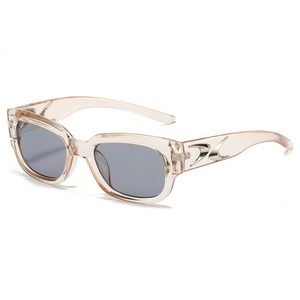 Trendy square sunglasses with champagne frames and grey lenses at 45-degree angle