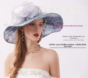 Detail of UV50+ sun hat showing light blue floral fabric and large white lace flower