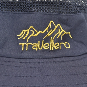 Detailed close-up of dark blue outdoor hat featuring mountain embroidery and mesh vents