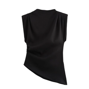 Chic black sleeveless top with asymmetric hem and elegant ruched shoulder detailing