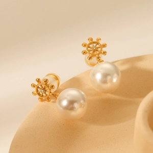 18K gold plated stainless steel helm stud earrings with pearl and crystal accents