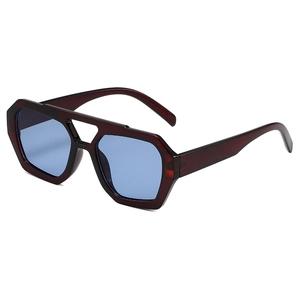 Retro irregular double bridge sunglasses with red frames and blue lenses in 45-degree view
